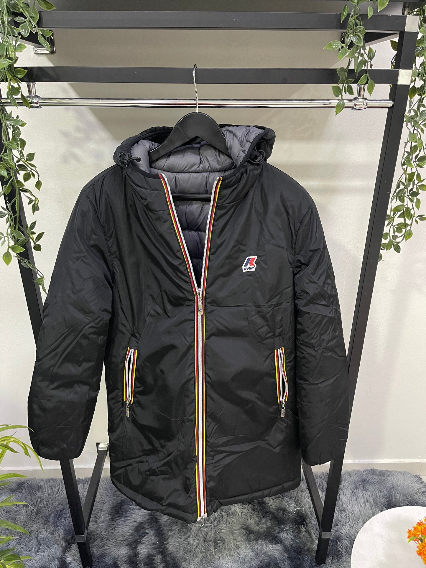 Giubbino K-Way Lungo Double Face Nero/Grigio