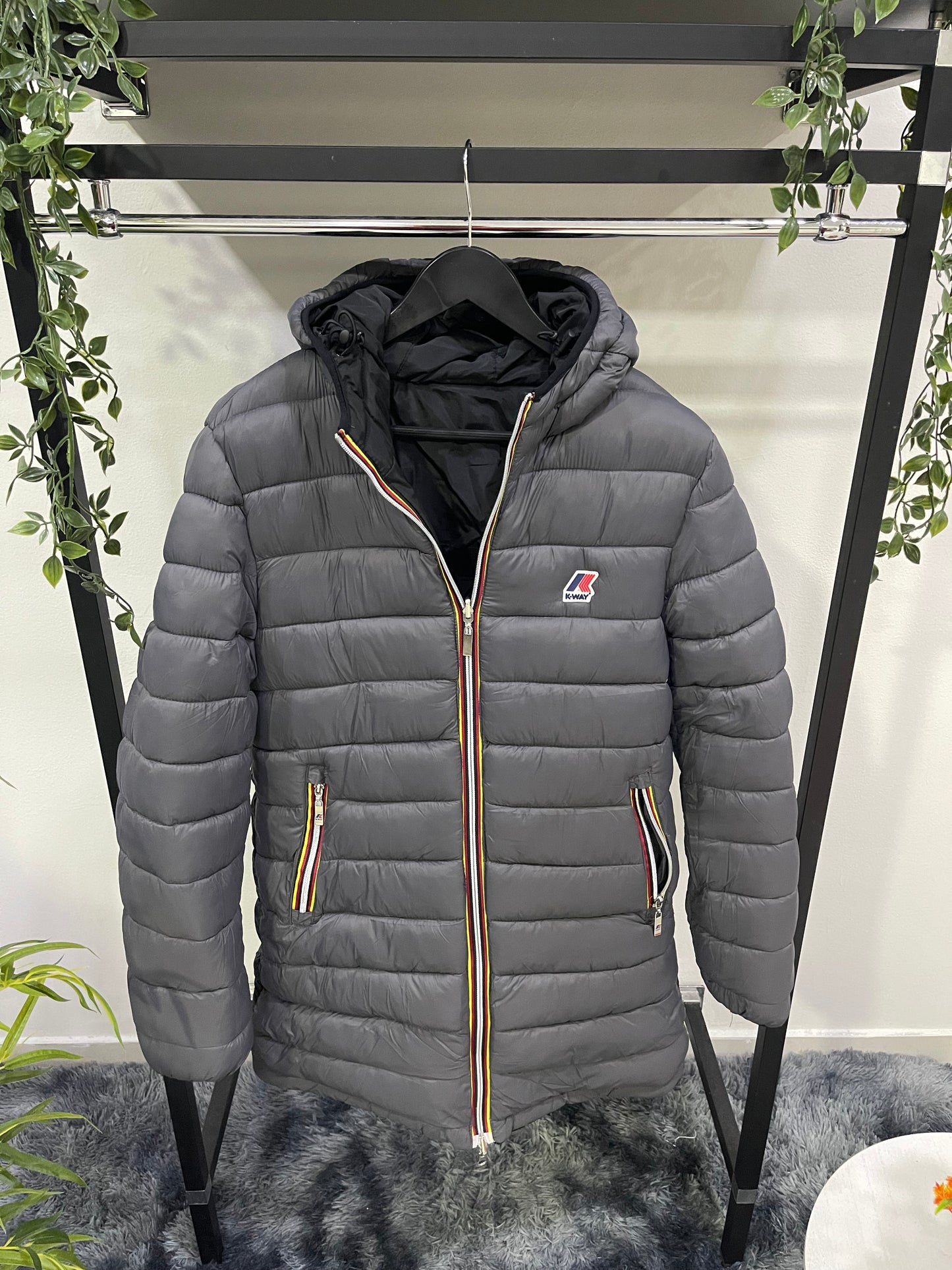 Giubbino K-Way Lungo Double Face Nero/Grigio